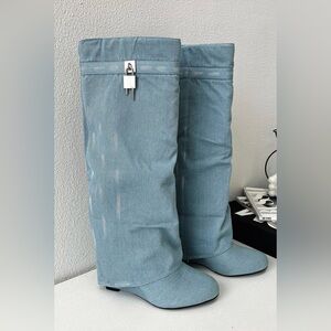 New Thats So Fetch TSF Denim Hazal Knee High Fold Over Tall Wedge Boots Heels 6🩵